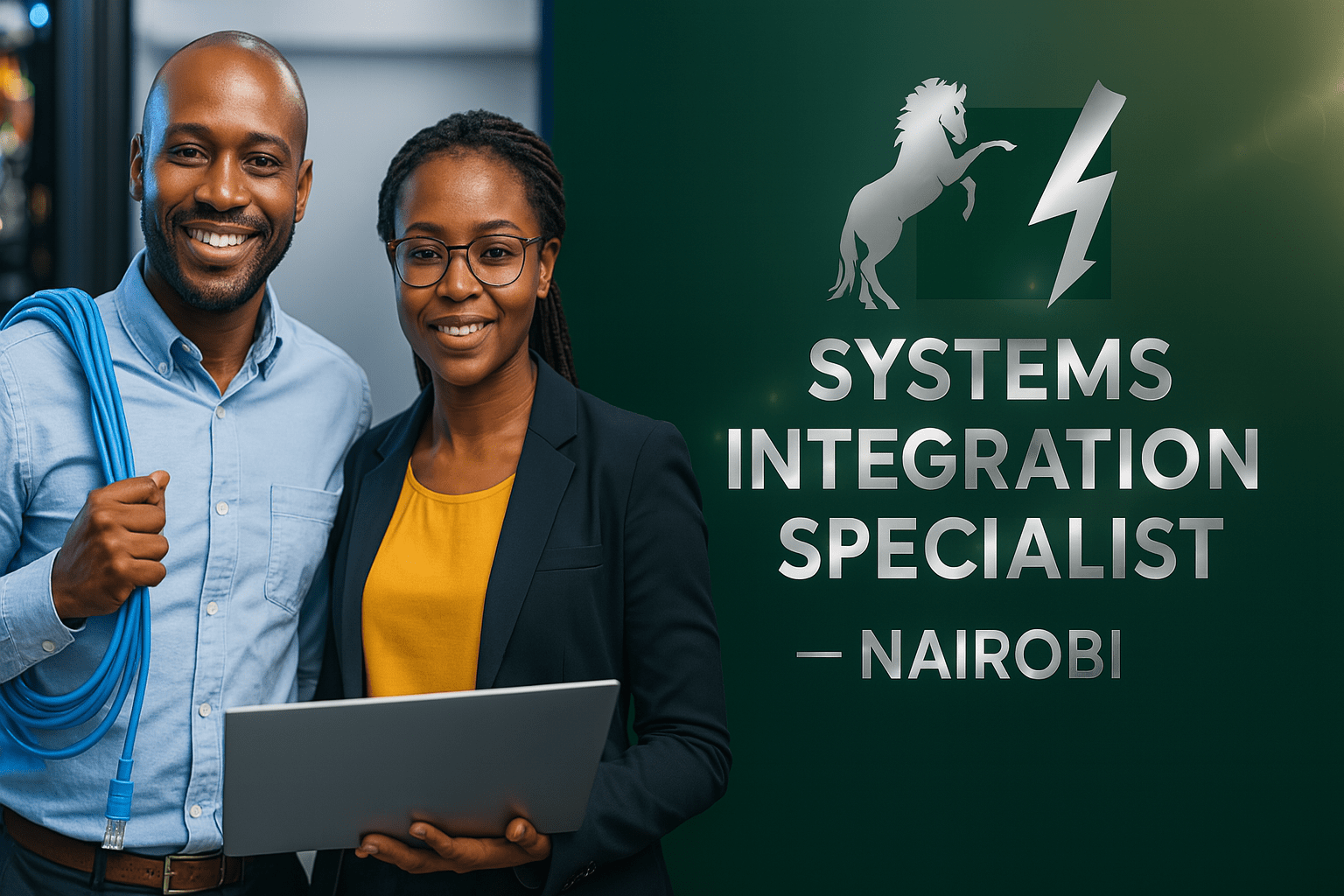 Two African IT professionals stand in a modern data center: a man holding a blue Ethernet cable and a woman with glasses holding a laptop, with a dark green panel on the right featuring the Burhani Engineers Limited logo and the text “Systems Integration Specialist – Nairobi.”