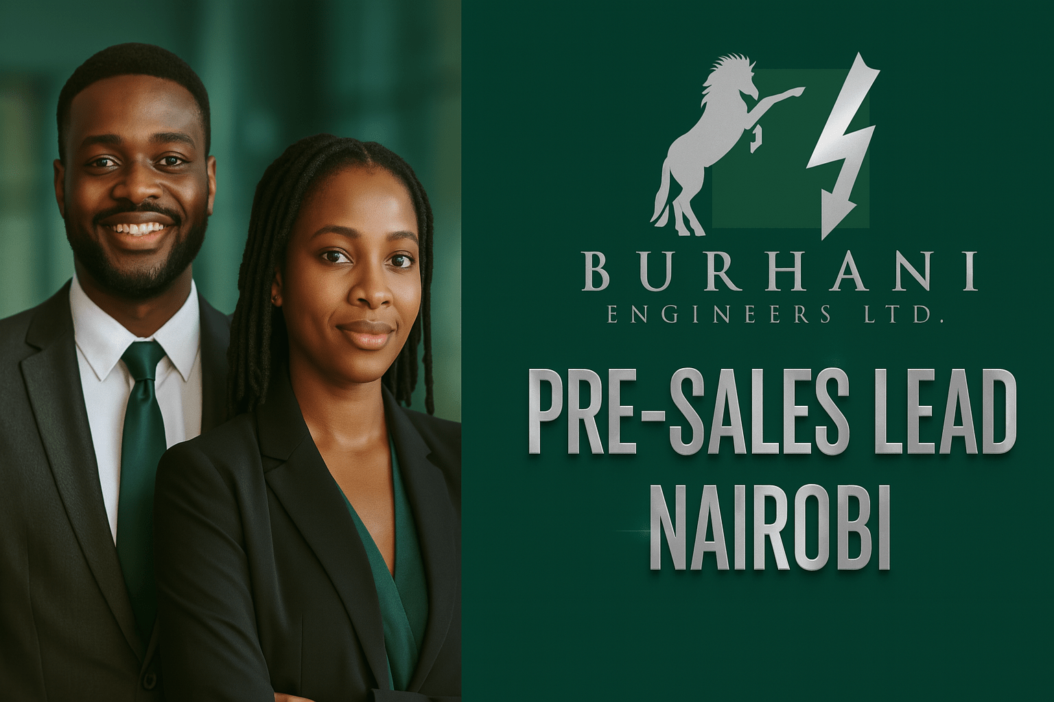 Two poised African professionals (a man and a woman) in business attire stand confidently against a deep green backdrop featuring the Burhani Engineers Limited logo and the text “Pre-Sales Lead – Nairobi.”