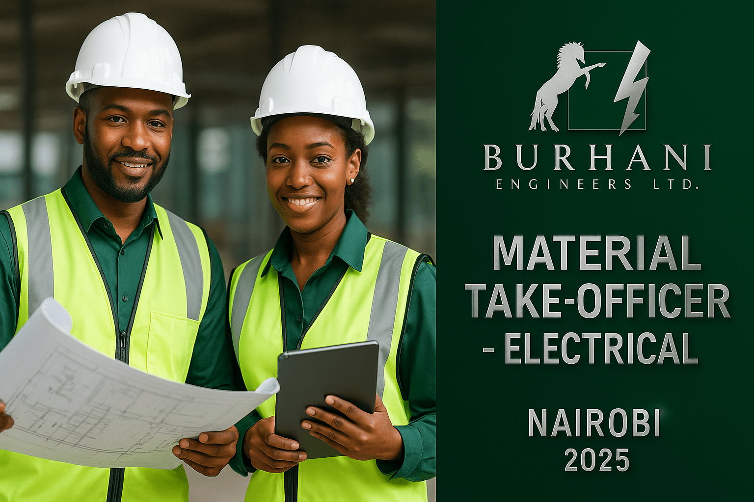 Two African electrical professionals wearing white hard hats and neon safety vests smile while reviewing blueprints and a tablet, beside a deep-green panel displaying the Burhani Engineers Limited logo and the text “Material Take‑off Officer – Electrical | Nairobi 2025.”