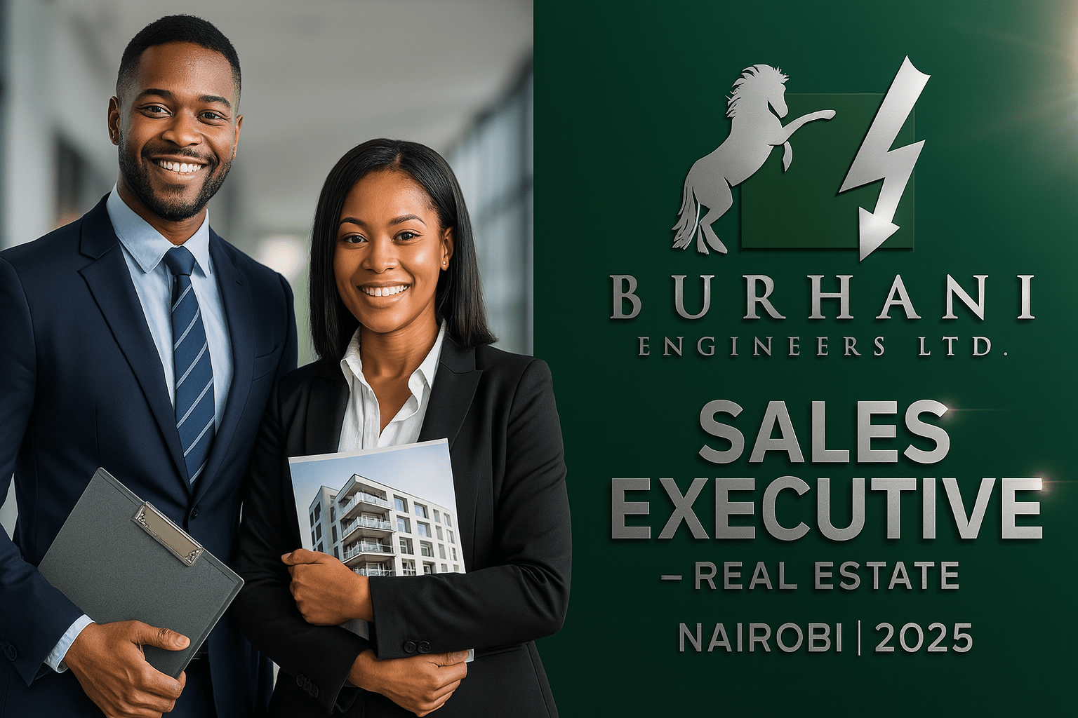 Two African real estate professionals in business attire holding a clipboard and property brochure stand against a dual-pane design; the left shows a bright office interior while the right presents the Burhani Engineers Ltd. logo and metallic text “Sales Executive – Real Estate | Nairobi 2025” on a dark green background.