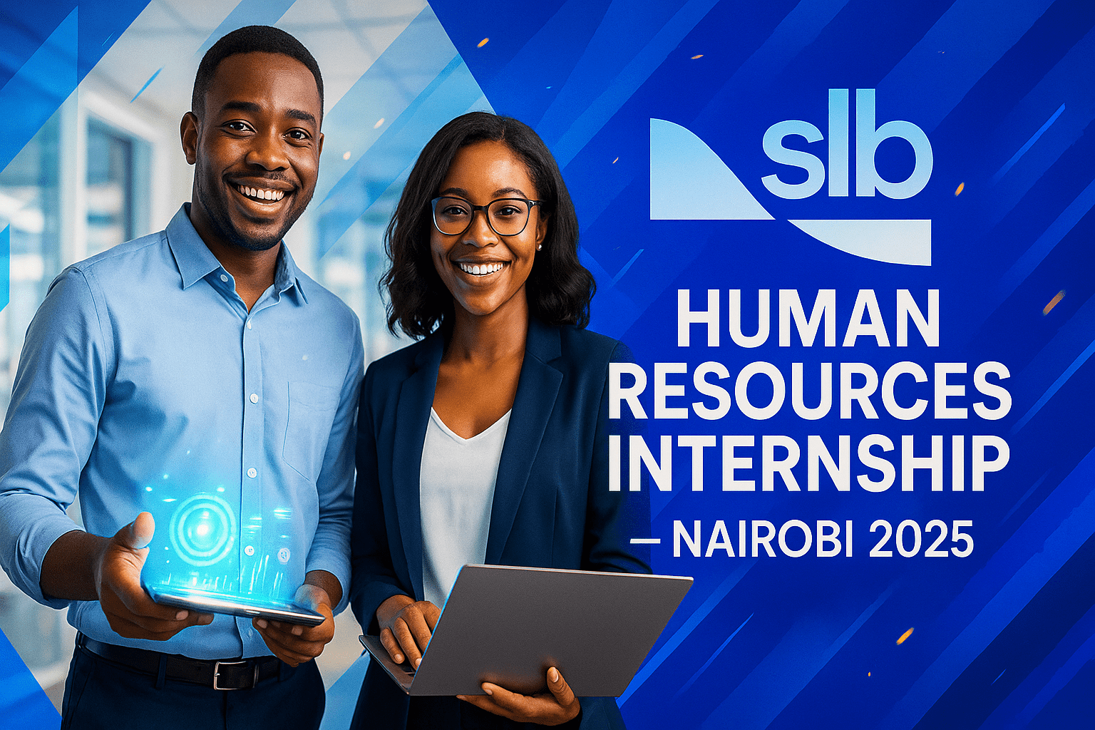 Two smiling African interns—one holding a glowing tablet with holographic UI elements and the other typing on a laptop—stand in a modern office with blue geometric overlays, flanked by the SLB logo and bold text “Human Resources Internship – Nairobi 2025” on a dynamic blue background.