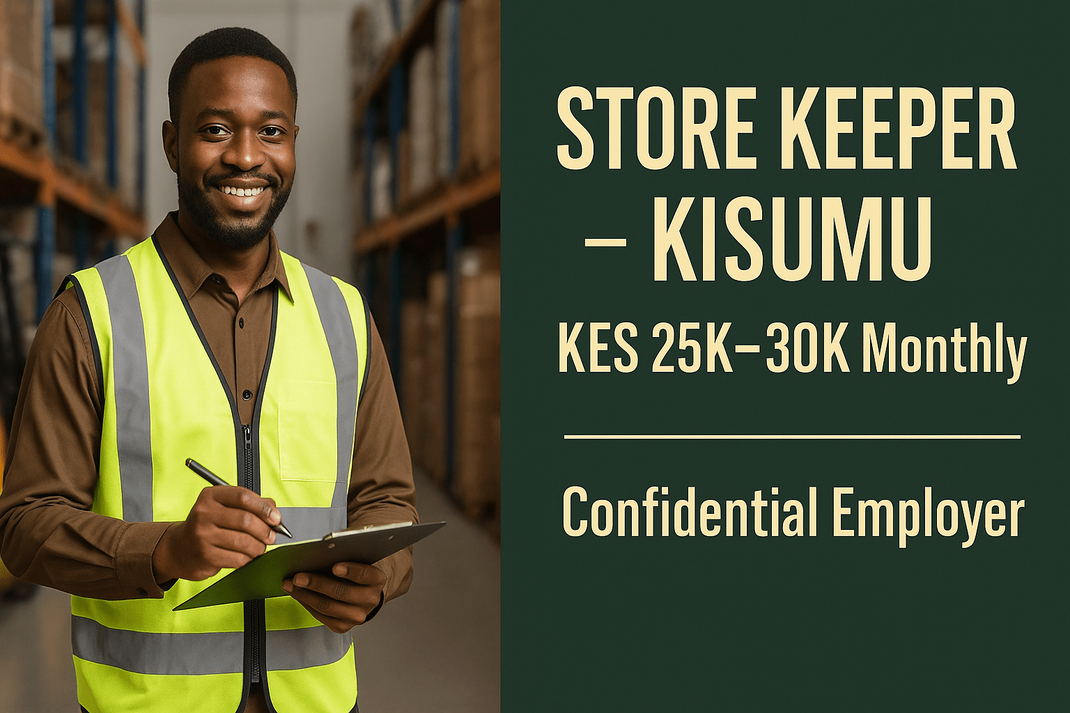 An African storekeeper in a neon yellow safety vest holds a clipboard in a spacious warehouse lined with shelves of boxes, with a dark green panel beside him displaying “Store Keeper – Kisumu,” “KES 25K–30K Monthly,” and “Confidential Employer” in cream-colored text.