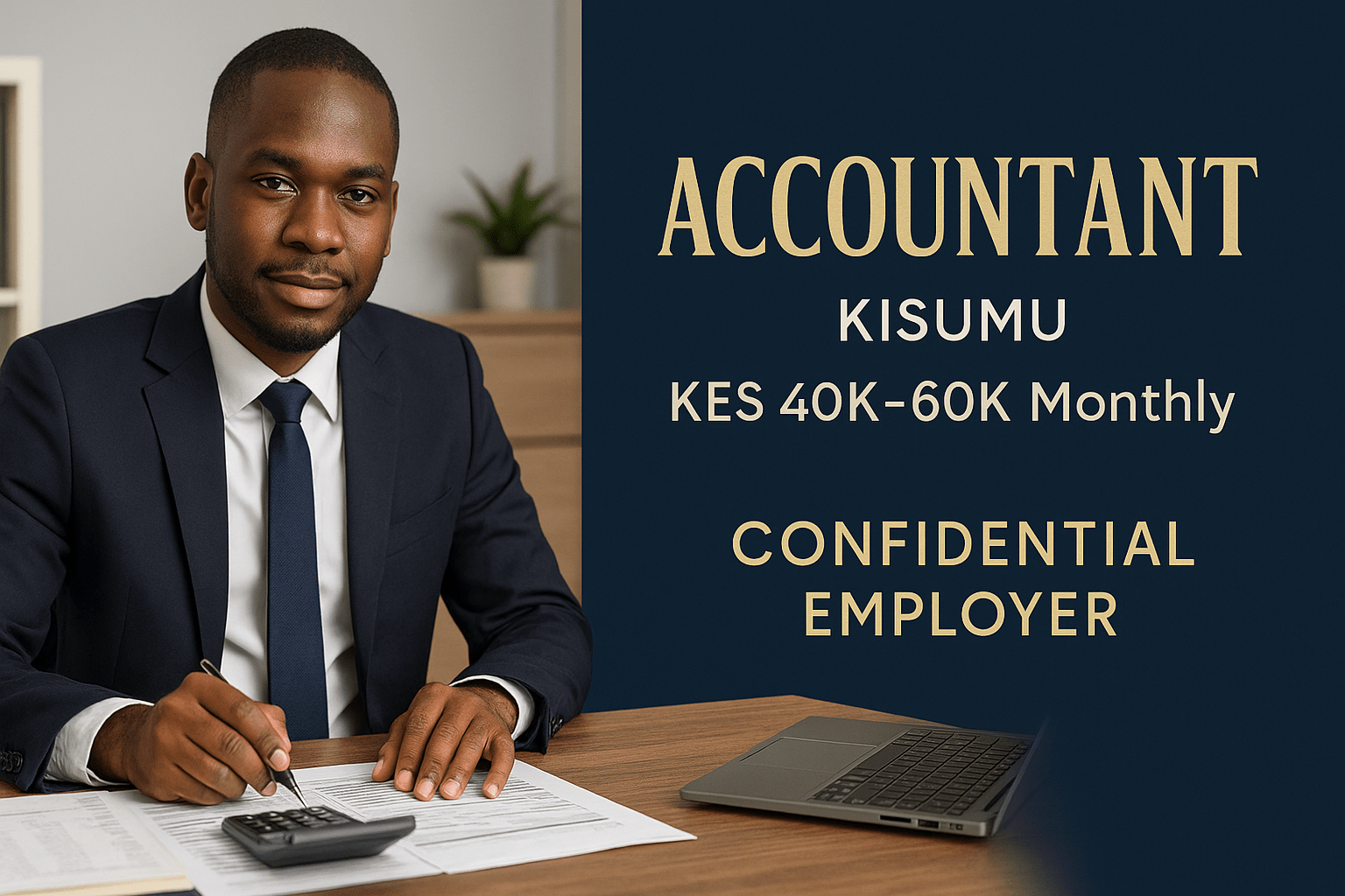 An African accountant in a navy suit and tie sits at a wooden desk, using a calculator and reviewing documents in a modern office, with text on a dark blue panel reading “Accountant – Kisumu,” “KES 40K–60K Monthly,” and “Confidential Employer.”
