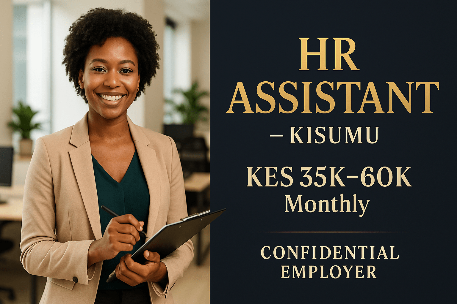 A smiling African woman in a beige blazer holding a clipboard stands in a bright office, with a navy panel beside her displaying “HR Assistant – Kisumu,” “KES 35K–60K Monthly,” and “Confidential Employer” in gold serif text.
