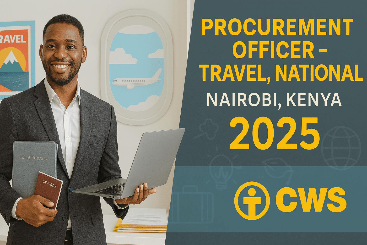 A confident African procurement officer wearing a charcoal suit stands in a bright office decorated with travel posters and a world map. He holds a laptop in one hand and a travel planner folder and passport in the other; a design overlay on the right reads “Procurement Officer – Travel, National,” “Nairobi, Kenya,” “2025,” and features the CWS logo.