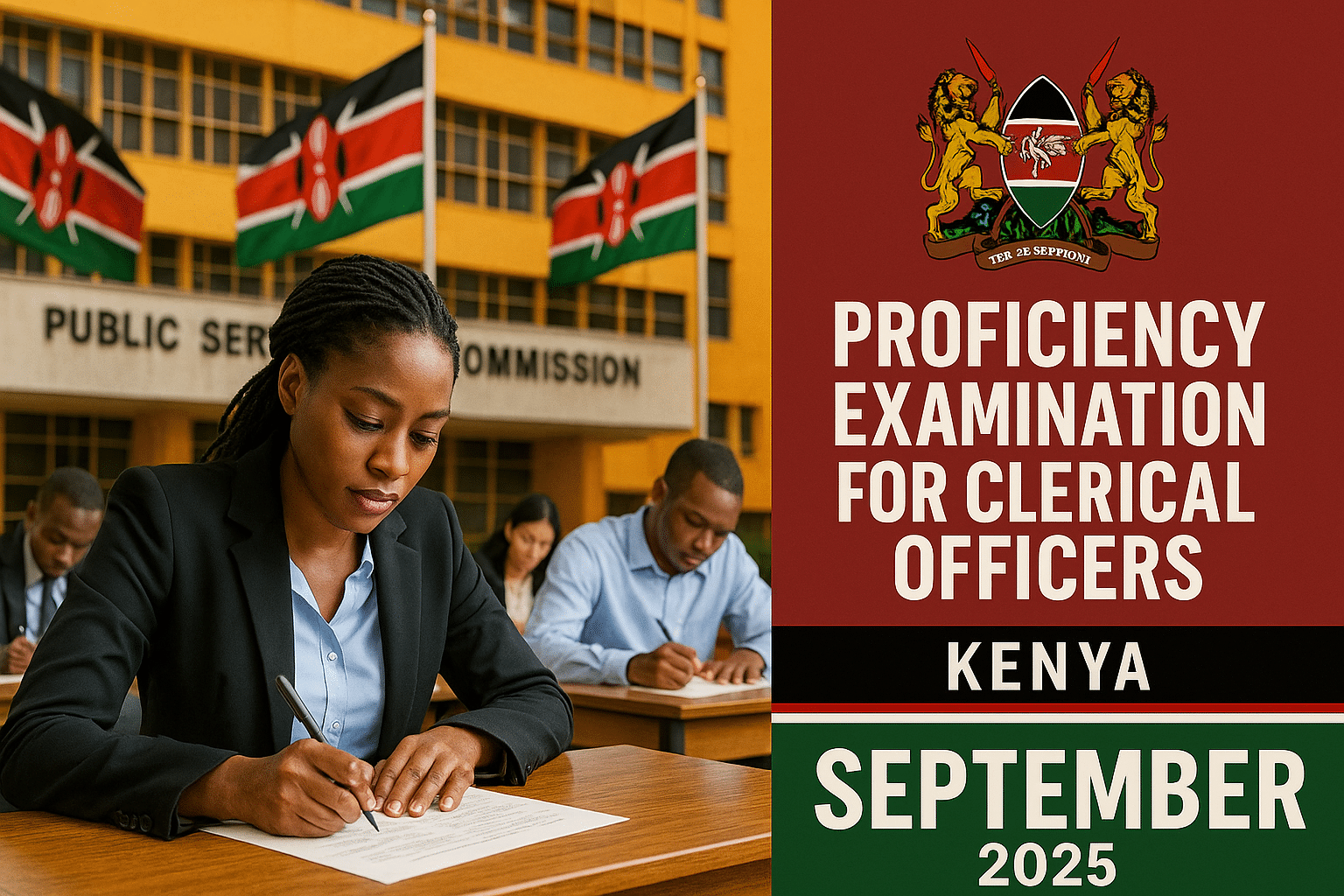 In front of the Public Service Commission building draped with Kenyan flags, a young African woman in a blazer completes her exam while fellow candidates work behind her; a red, black, and green banner on the right—with the Kenyan coat of arms—reads “Proficiency Examination for Clerical Officers – Kenya | September 2025” in bold white text.