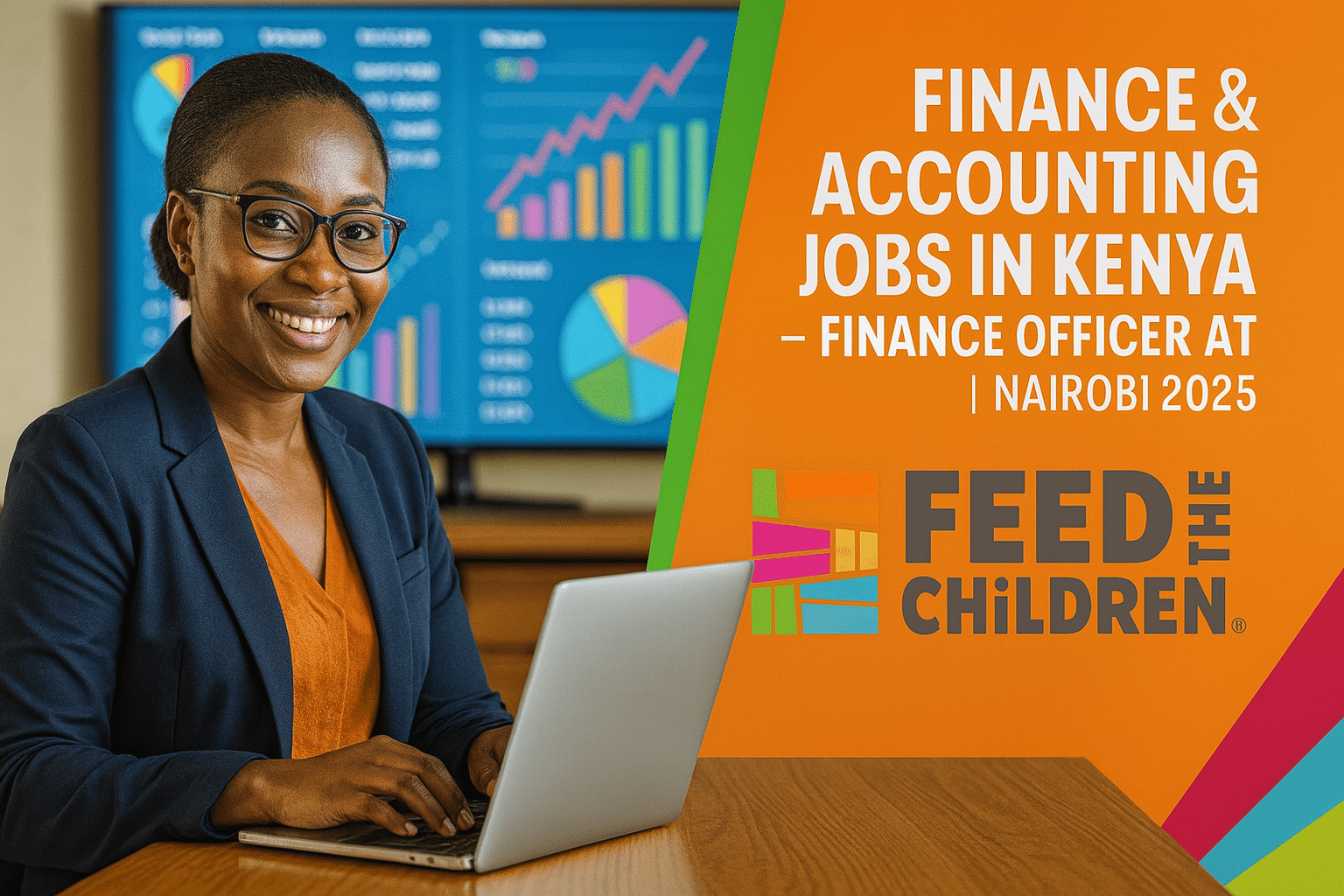 An African finance professional in a navy blazer works on her laptop at a wooden desk with colorful analytics dashboards on a screen behind her; a bold orange panel on the right shows the multicolor Feed the Children logo and reads “Finance & Accounting Jobs in Kenya – Finance Officer | Nairobi 2025.”