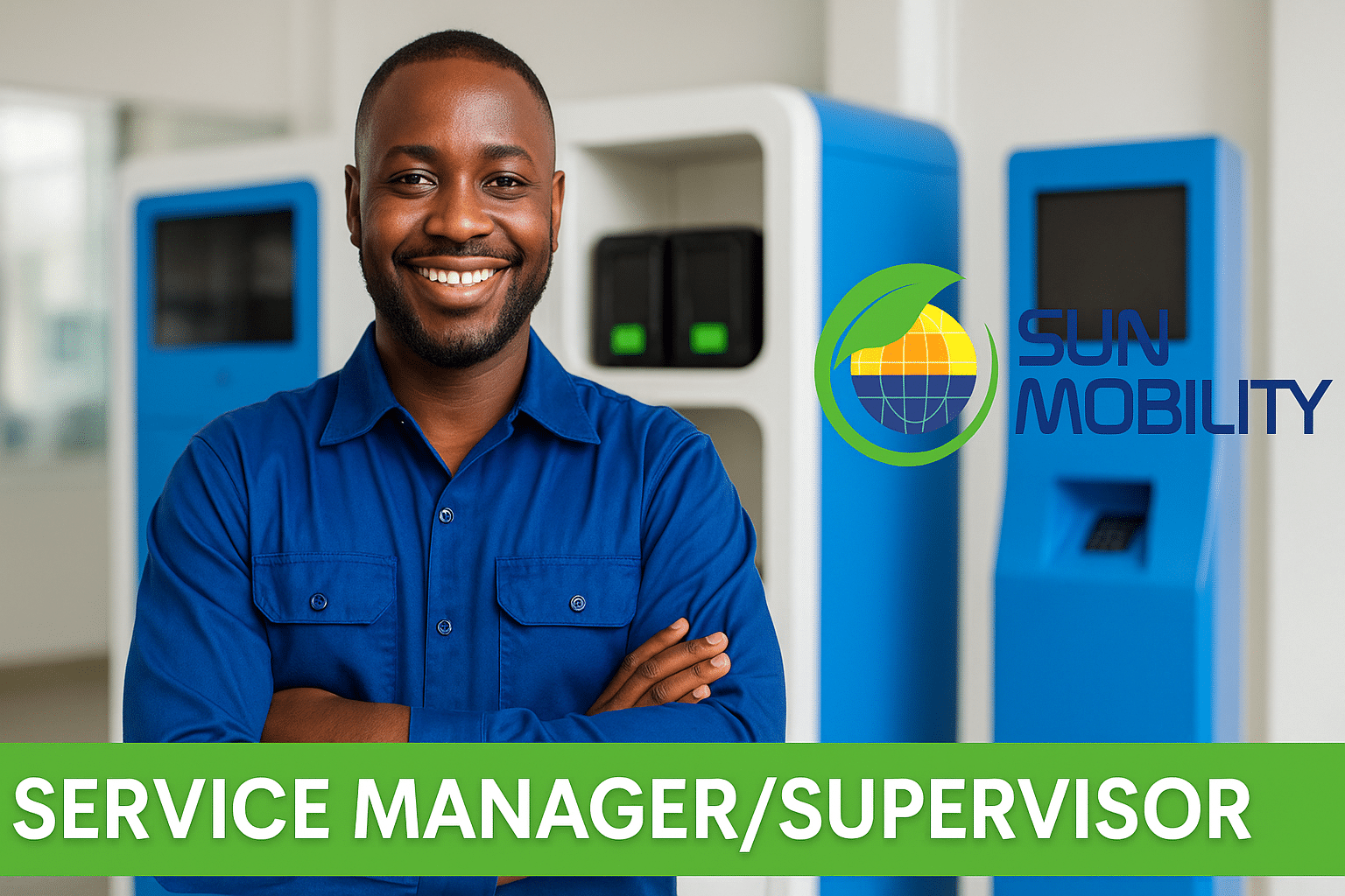 sun mobility service manager supervisor job nairobi 2025 featured image with african professional at battery swapping station logo on right