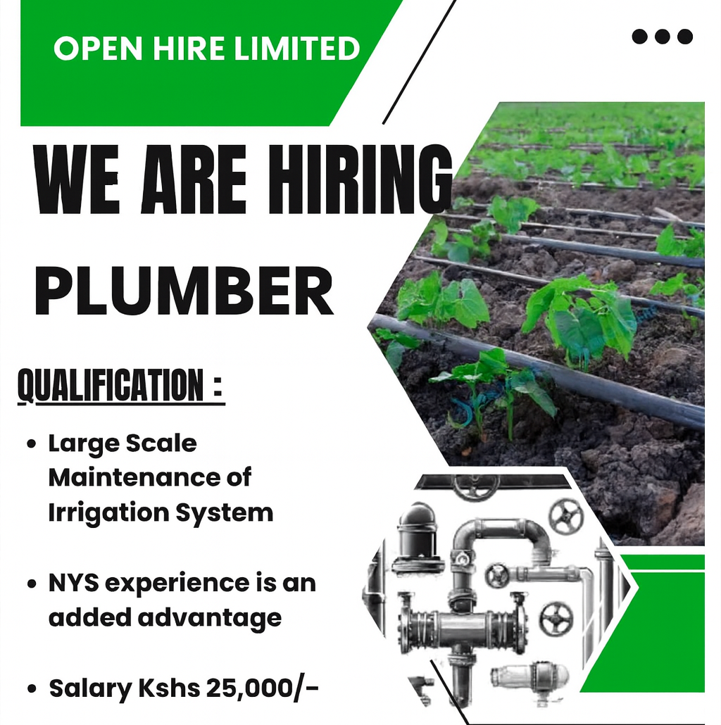 PLUMBER – NAIROBI | OPEN HIRE LIMITED | KES 25K MONTHLY