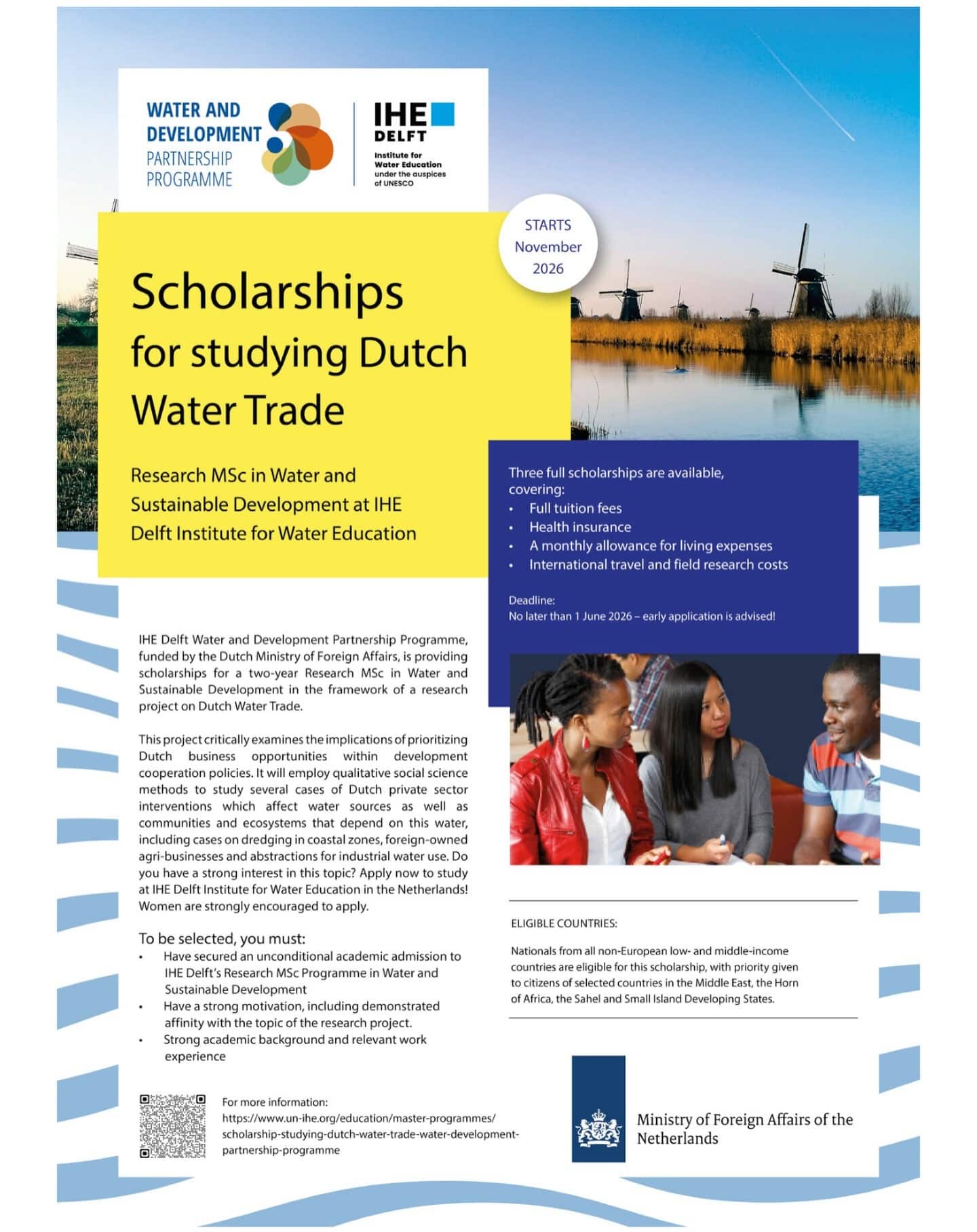SCHOLARSHIP OPPORTUNITY – RESEARCH MSc IN WATER AND SUSTAINABLE DEVELOPMENT | IHE DELFT (FUNDED BY DUTCH WATER TRADE PROJECT)