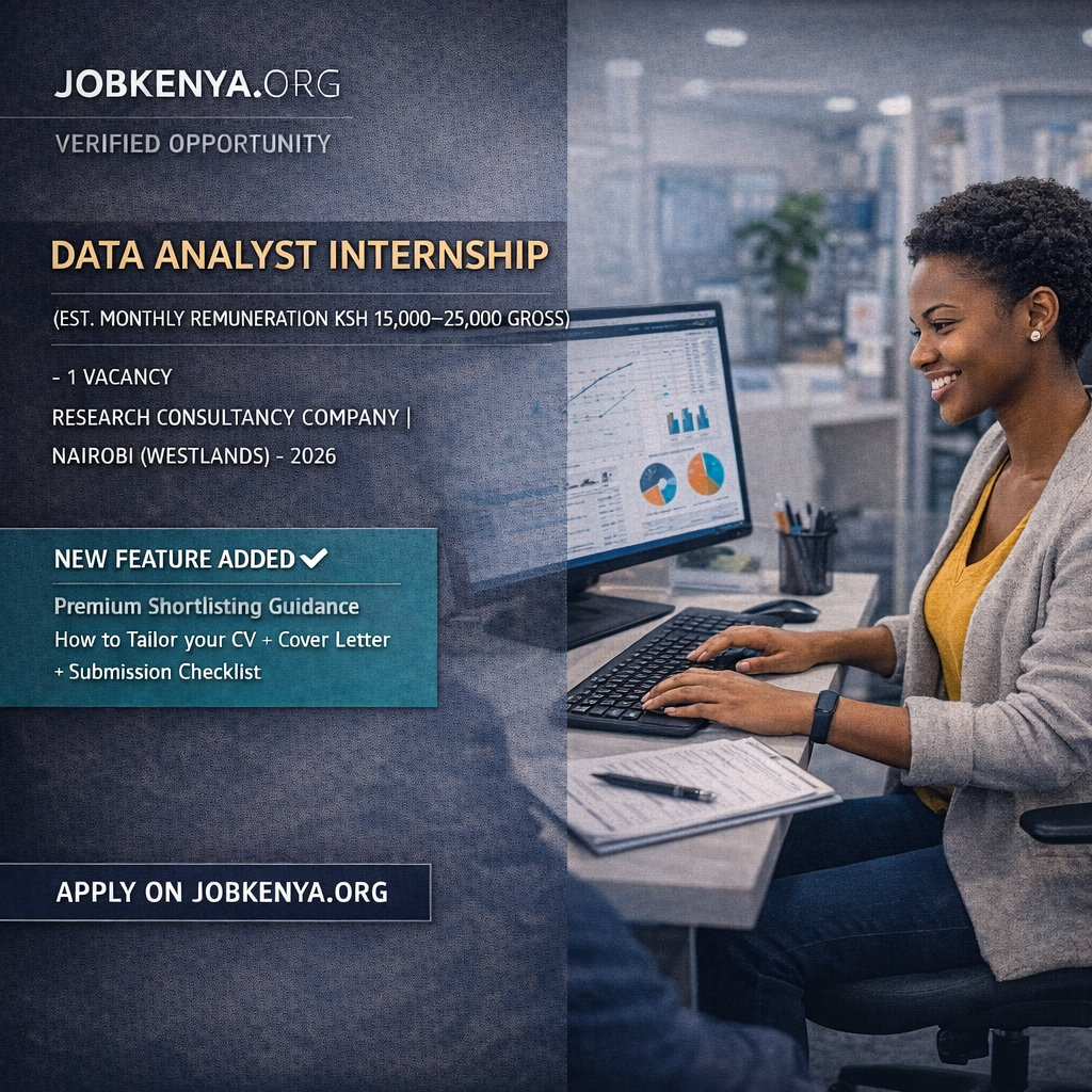 DATA ANALYST INTERNSHIP (EST. MONTHLY REMUNERATION KSH 15,000–25,000 GROSS) – 1 VACANCY RESEARCH CONSULTANCY COMPANY | NAIROBI (WESTLANDS) – 2026