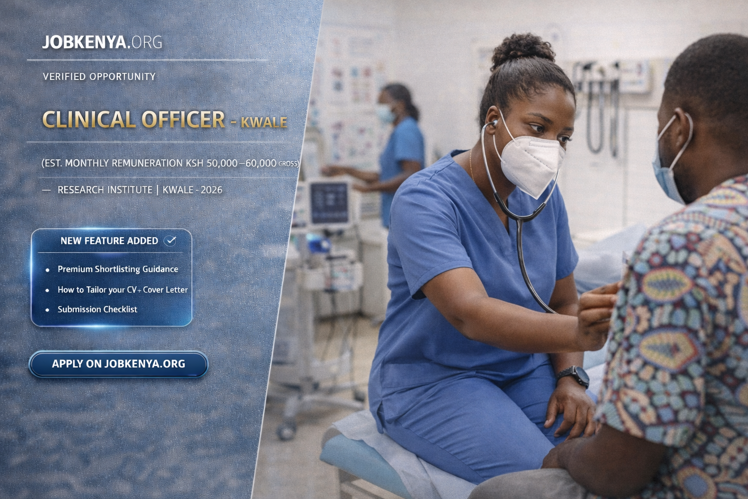 CLINICAL OFFICER – KWALE (EST. MONTHLY REMUNERATION KSH 50,000–80,000 GROSS) – RESEARCH INSTITUTE | KWALE – 2026