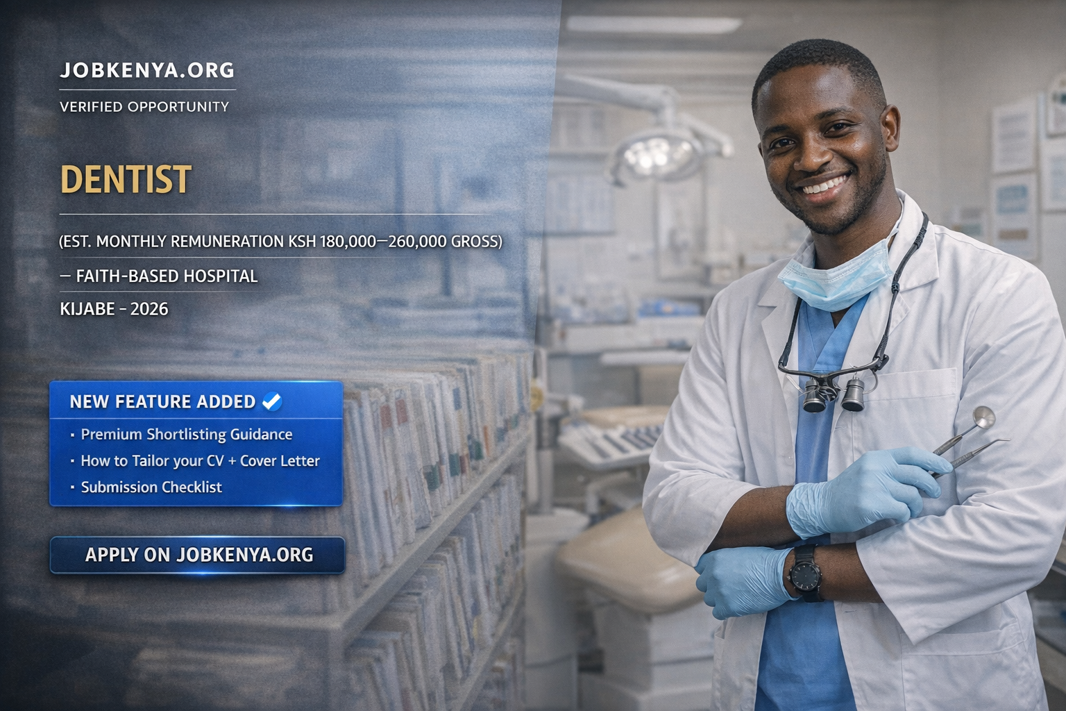 DENTIST (EST. MONTHLY REMUNERATION KSH 180,000–260,000 GROSS) –  FAITH-BASED HOSPITAL | KIJABE – 2026