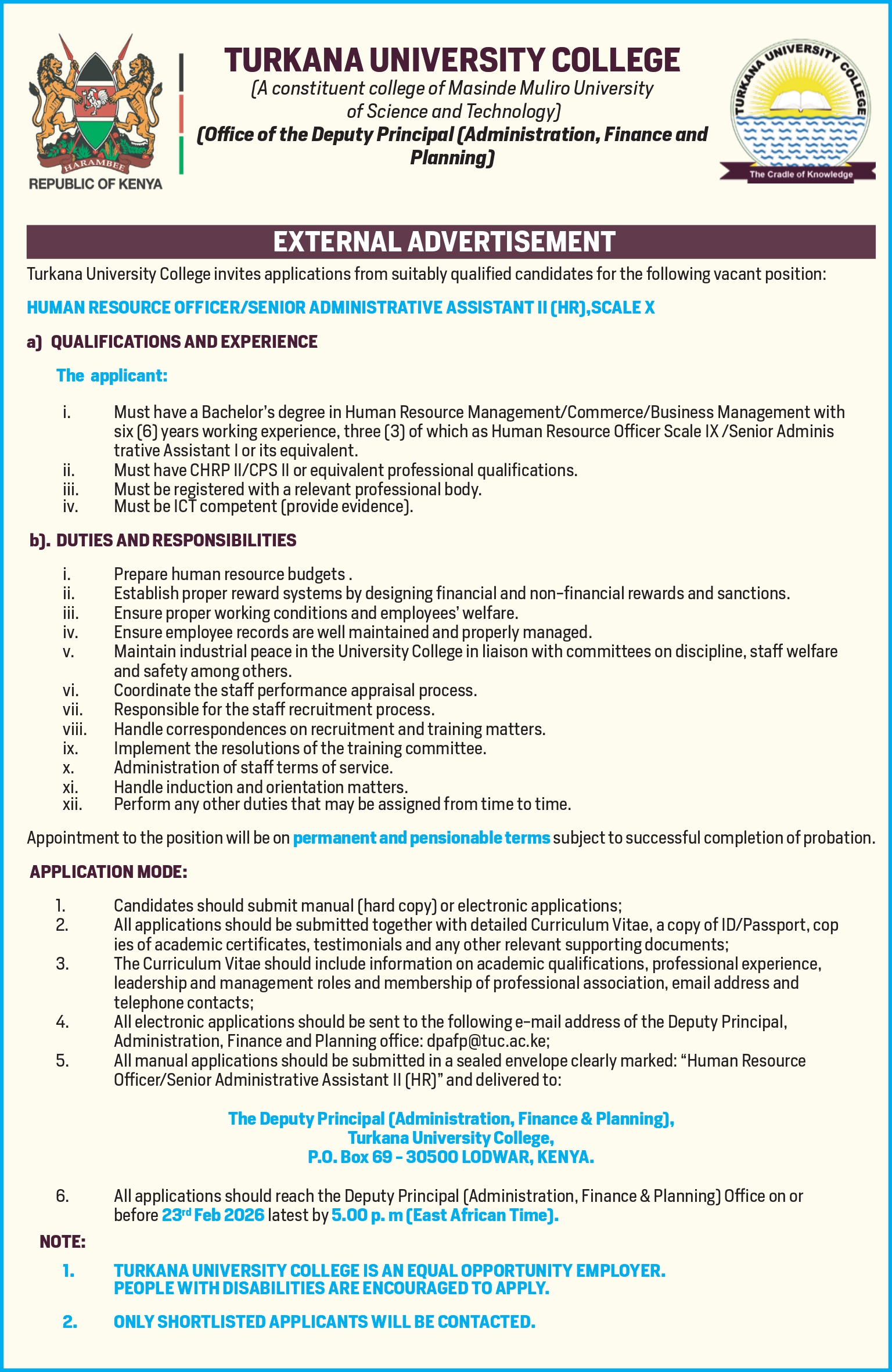 HUMAN RESOURCE OFFICER/SENIOR ADMINISTRATIVE ASSISTANT II (HR) (EST. MONTHLY REMUNERATION KSH 60,000–100,000 GROSS) – UNIVERSITY COLLEGE | LODWAR – 2026