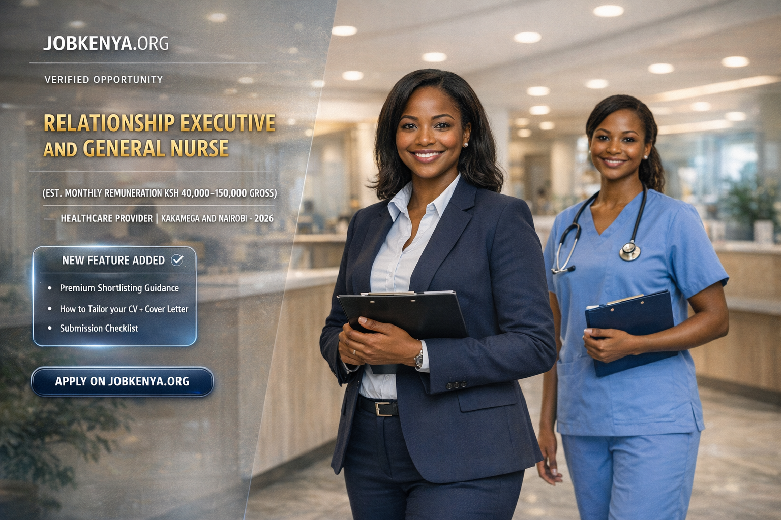 RELATIONSHIP EXECUTIVE AND GENERAL NURSE (EST. MONTHLY REMUNERATION KSH 40,000–150,000 GROSS) – 2 VACANCIES – HEALTHCARE PROVIDER | KAKAMEGA AND NAIROBI – 2026