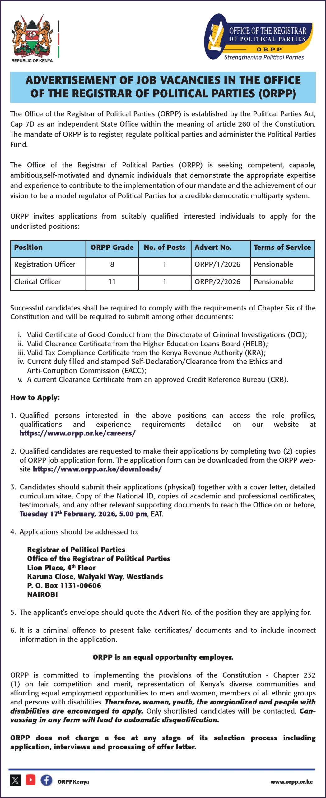 REGISTRATION OFFICER & CLERICAL OFFICER (EST. MONTHLY REMUNERATION KSH 45,000–115,000 GROSS) – INDEPENDENT STATE OFFICE | NAIROBI – 2026