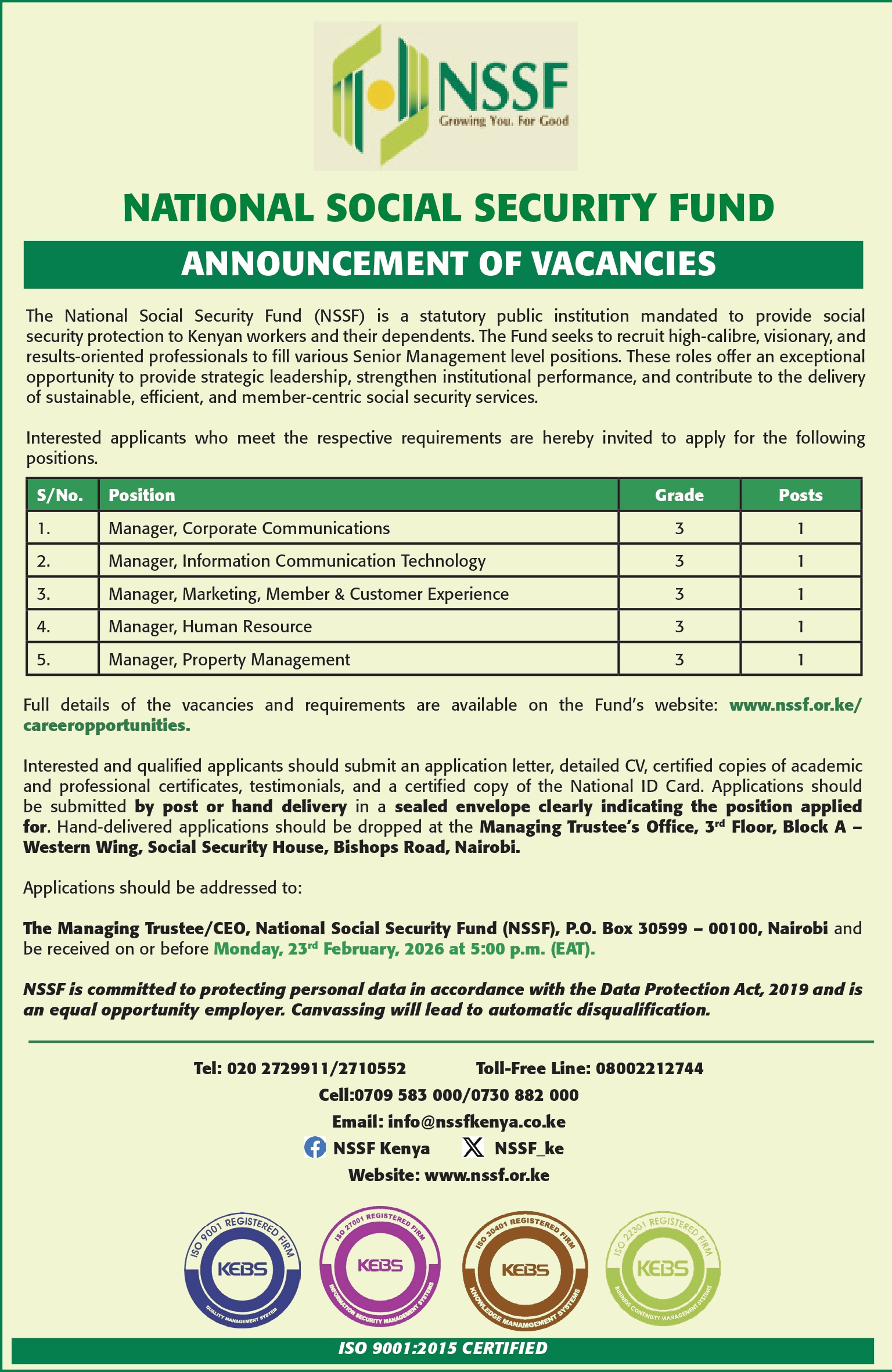 MANAGER POSITIONS (VARIOUS) (EST. MONTHLY REMUNERATION KSH 250,000–450,000 GROSS) – 5 VACANCIES STATUTORY PUBLIC INSTITUTION | NAIROBI – 2026